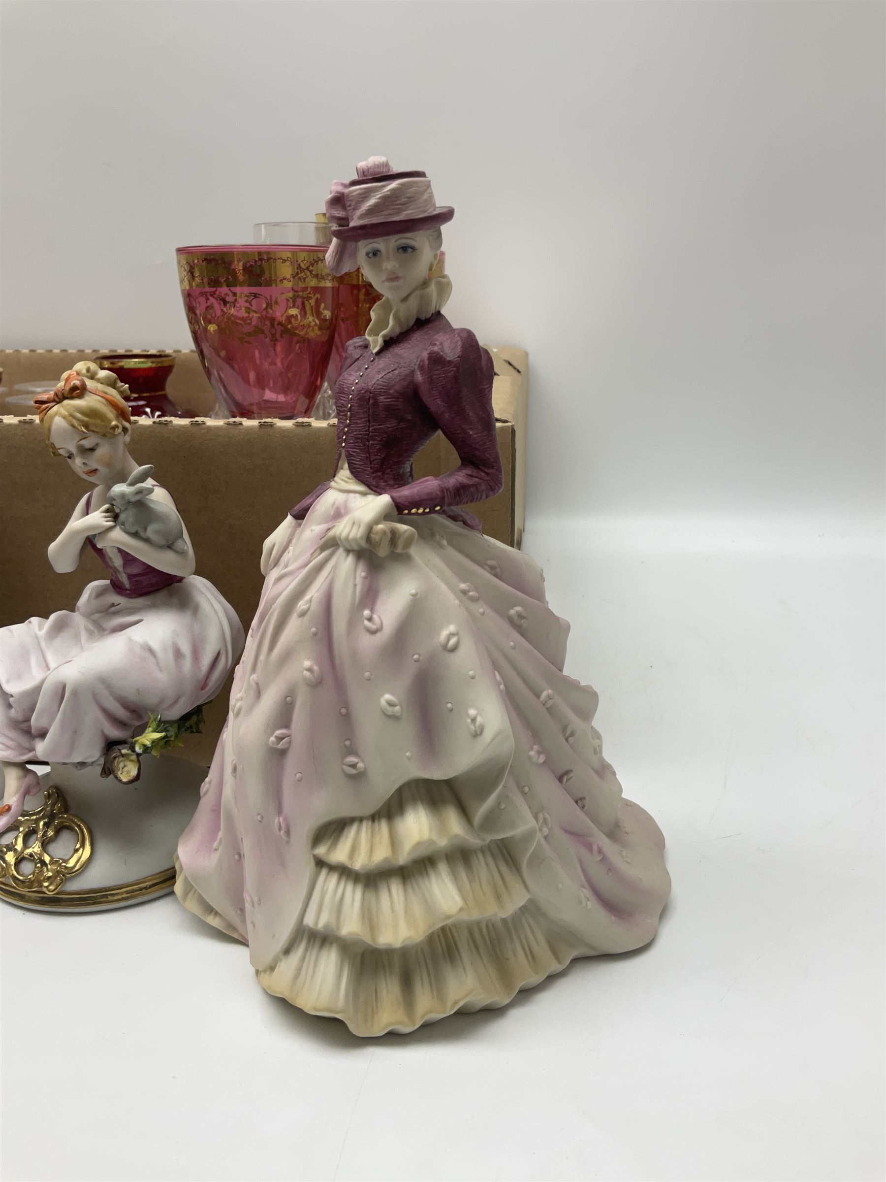 Murano glassware; Coalport and other figures; cut glassware including two decanter sets; drinking glasses; small collection of table bells; royalty commemorativeware etc