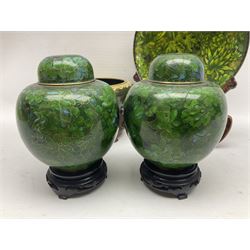 Pair of modern cloisonne ginger jars having floral decoration with a green ground, with hardwood stands, together with a similar plate and a bowl decorated with birds and flowers  