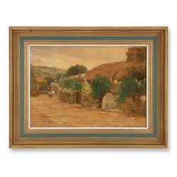 James William Booth (Staithes Group 1867-1953): Girls Beside a Thatched Cottage, oil on canvas laid on board signed 21cm x 30.5cm 