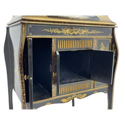 Early 20th century Chinoiserie lacquered gramophone cabinet, the lid decorated with raised gilt work, traditional landscape and figural scenes, fitted with 'Apollo' 'No. 114' gramophone, cupboards below, on cabriole supports