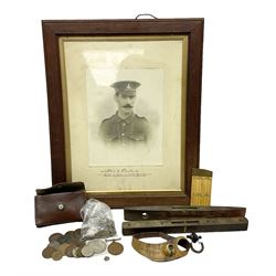 Framed picture of gentleman in military dress, 'killed in action in France' May 3rd 1915, two antique spirit levels, coins in a leather case and other collectables