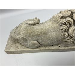 Two early 20th century reconstituted stone Grand Tour or Chatsworth House type lions after Antonio Canova, each modelled in recumbent pose upon a rectangular plinth, signed to plinth Dilettanti, each approximately L31cm