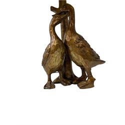 Bronze style table lamp, modelled as two ducks against a tree, with green velvet shade, H47cm
