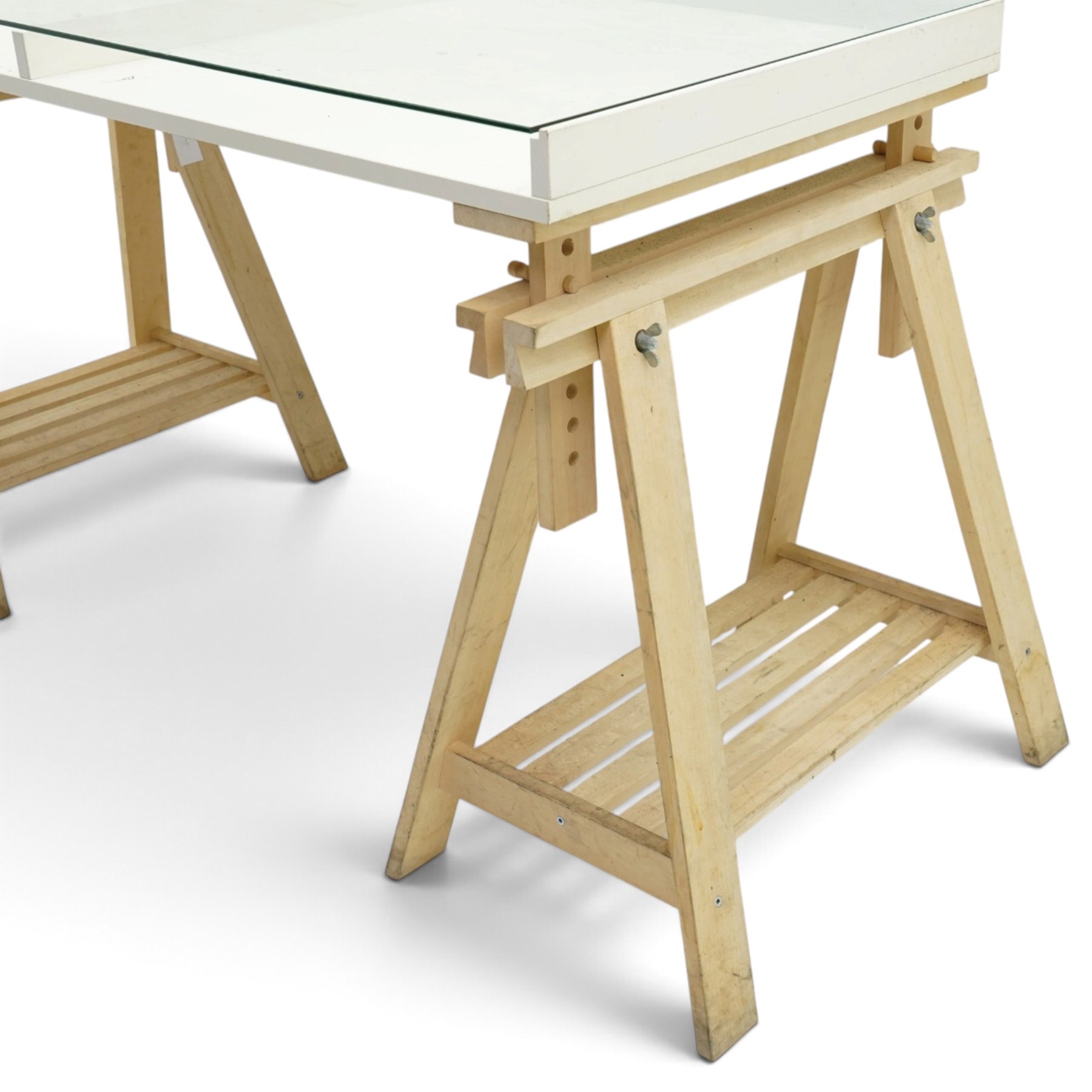 IKEA - Vika Gruvan trestle table, glass and white top raised on beech adjustable supports
