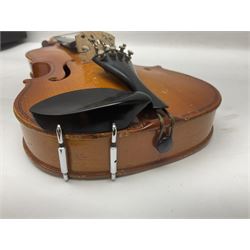 Four Chinese graduated violins - full size with 35.5cm two-piece back; three-quarter size with 33.5cm two-piece back; half size with 31cm two-piece back; and quarter size with 27.5cm two-piece back; all cased except full size; one with bow (4)