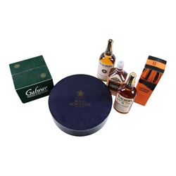 Four bottles of whisky, Galway Crystal glasses and Royal Worcester Harlequin coffee set