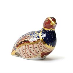 Royal Crown Derby paperweights, comprising Bluebird, Partridge, and Farmyard Cockerel, with gold stoppers, boxed (3)
