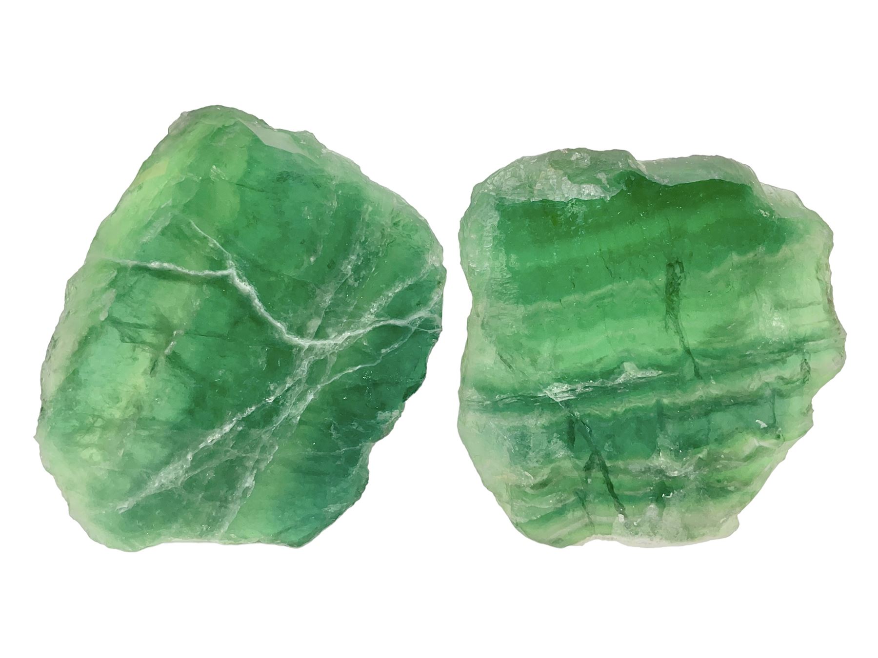 Pair of green fluorite slices, polished with rough edges, H16cm, L17cm  