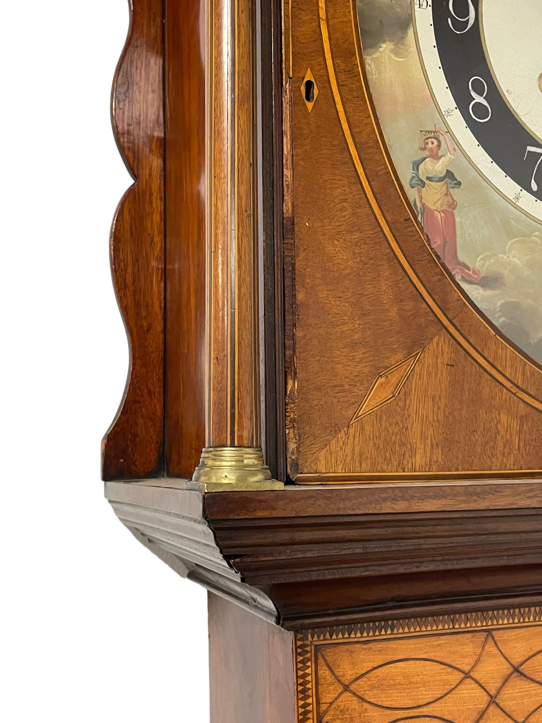 John Stonehouse of Leeds - mahogany 8-day longcase clock with a painted oval dial c1830, hood with a swans necked pediment and profuse contrasting inlay to both the hood and case, oval hood door with flanking pilasters and Corinthian capitals, conforming case with canted corners and short triple spire door, broad plinth with matching inlay and canted corners on shallow base, dial depicting masonic regalia, symbols, and pictorial depictions of the humanities, faith, hope, charity and righteousness, black chapter with white roman Arabic’s, date recorder and matching “crown” hands, dial pinned to a rack striking movement with a recoil anchor escapement, striking the hours on a coiled underslung gong. With weights and gridiron pendulum. 
This clock case is of large, impressive dimensions and was almost certainly commissioned for a large masonic lodge in Leeds, a rare and unique example.