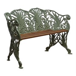 Coalbrookdale style cast metal wheat sheaf bench, hardwood slatted seat, green painted finish, W118cm