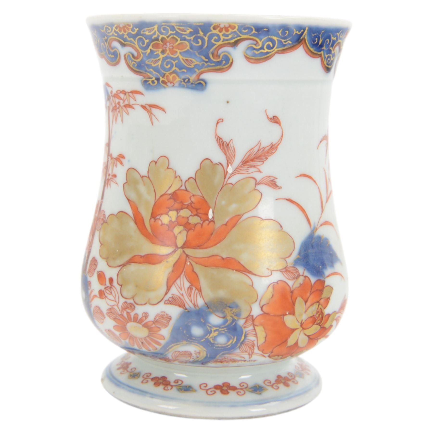 Pair of 18th century Chinese export tankards, each of bellied form with curved handle and circular foot, decorated in the Imari palette with peonies, chrysanthemums and bamboo, H12.5cm