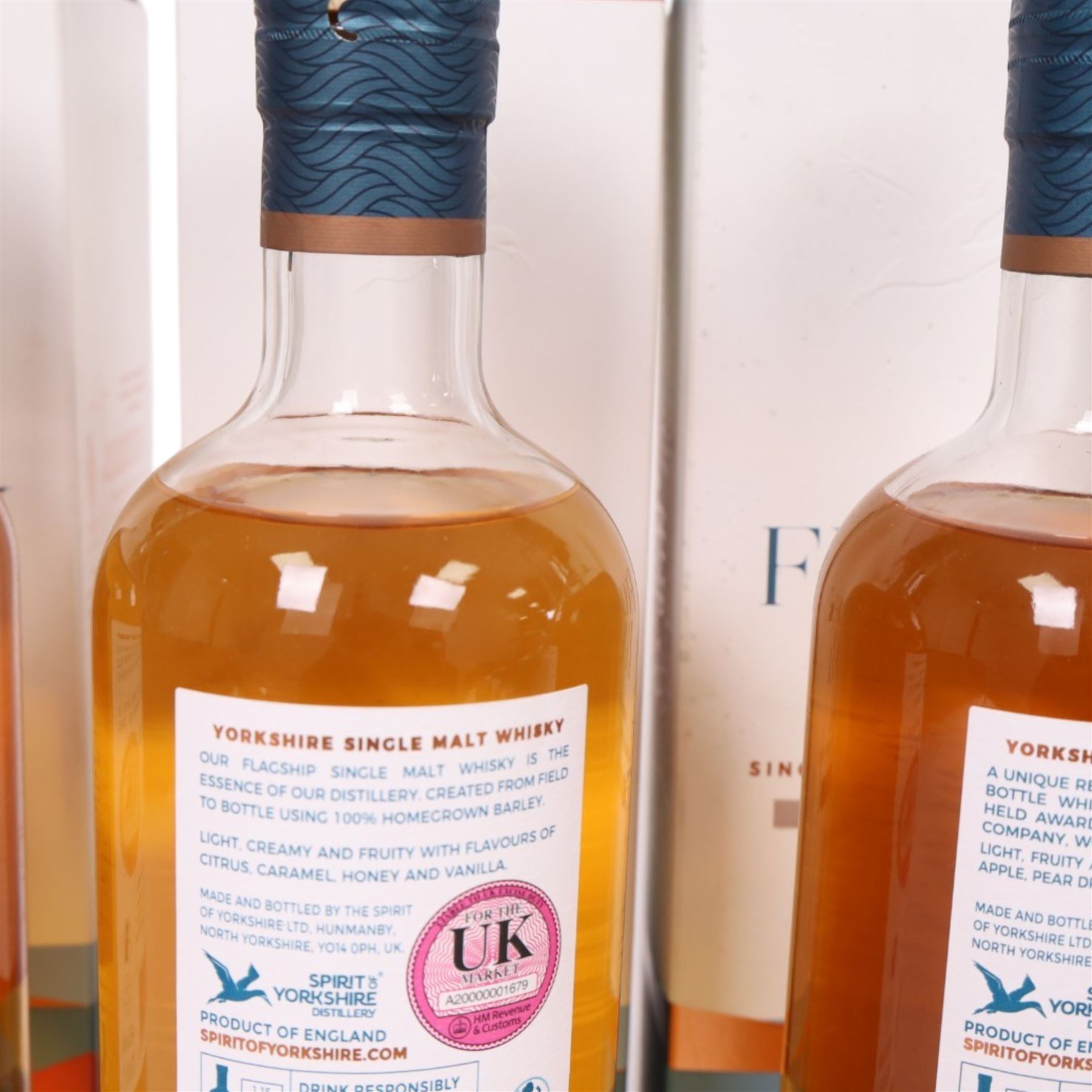 Spirit of Yorkshire Distillery, Filey Bay IPA Finish first batch single malt whisky, 70cl 46% vol, STR Finish  single malt whisky, 70cl 46% vol, Moscatel Finish  single malt whisky, 70cl 46% vol and Flagship  single malt whisky, 70cl 46% vol 
