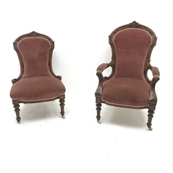 Pair Victorian walnut framed ladies and gentleman’s upholstered chairs