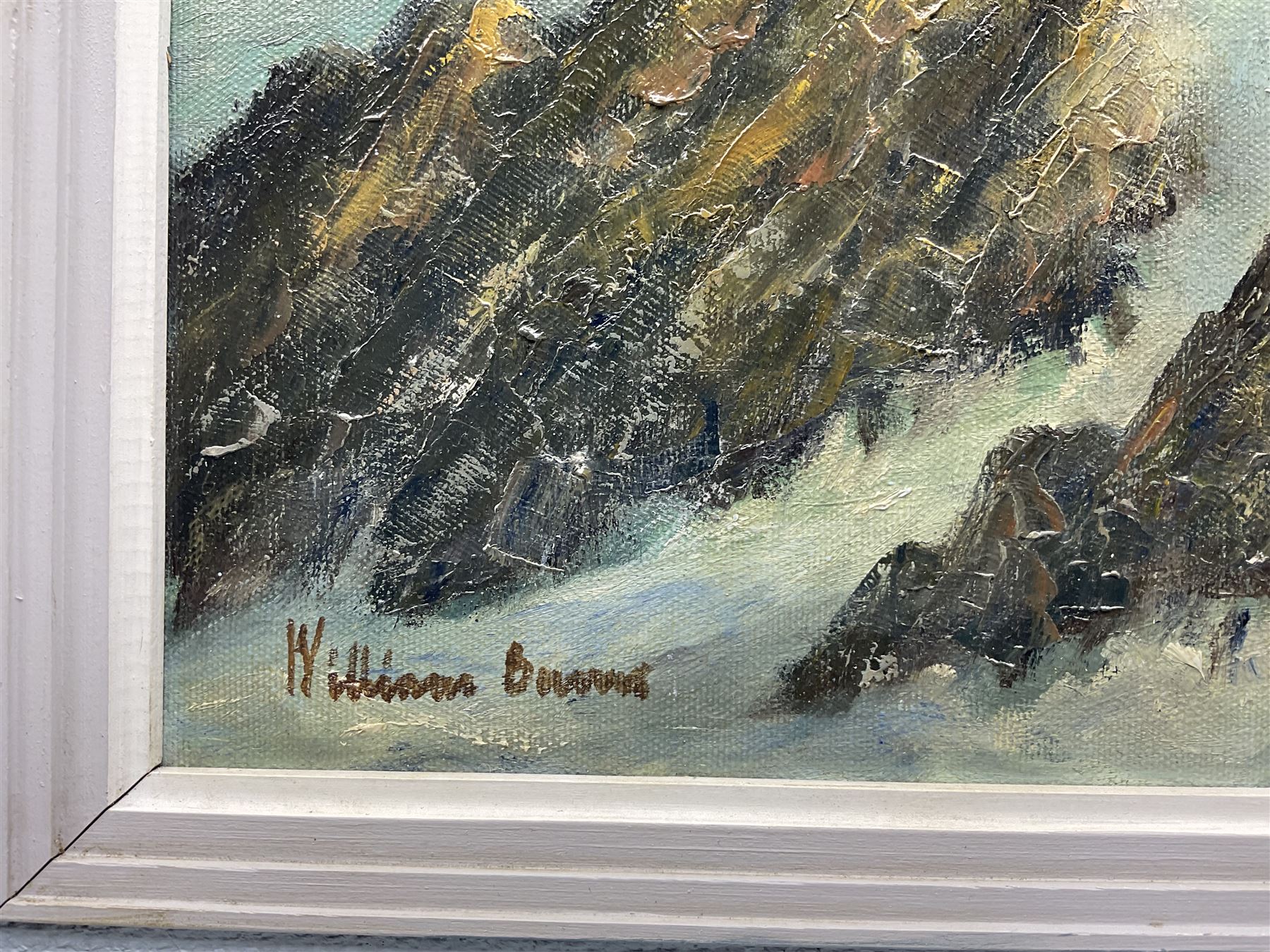 William Burns (Northern British 1923-2010): 'Surf and Rocks - North Devon', oil on board signed, titled verso 50cm x 70cm Provenance: Direct from the family of the artist.
Notes: Born in Sheffield in 1923, William Burns RIBA FSAI FRSA studied at the Sheffield College of Art before the outbreak of the Second World War, during which he helped illustrate the official War Diaries for the North Africa Campaign, and was elected a member of the Armed Forces Art Society. On his return, he studied architecture at Sheffield University and later ran his own successful practice, being a member of the Royal Institute of British Architects. However, painting had always been his self-confessed 'first love', and in the 1970s he gave up architecture to become a full-time artist, having his first one-man exhibition in 1979.