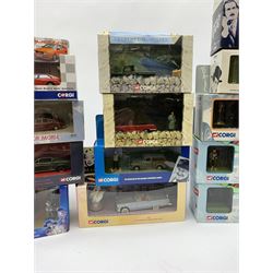Eighteen Corgi die-cast models of TV & film interest including Dad's Army (2), Last of the Summer Wine (2), Heartbeat (2), Blues Brothers, Bullitt, Marilyn Monroe, Return of the Saint, Thunderbirds FAB1, The Avengers etc; all mint and boxed (18)