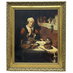David Thompson (British 20th century) after Nicolaes Maes (Dutch 1634-1693): 'Old Dutch Woman Saying Grace', oil on canvas after the original housed in the Rijksmuseum, signed titled and dated 1974 verso 54cm x 44cm