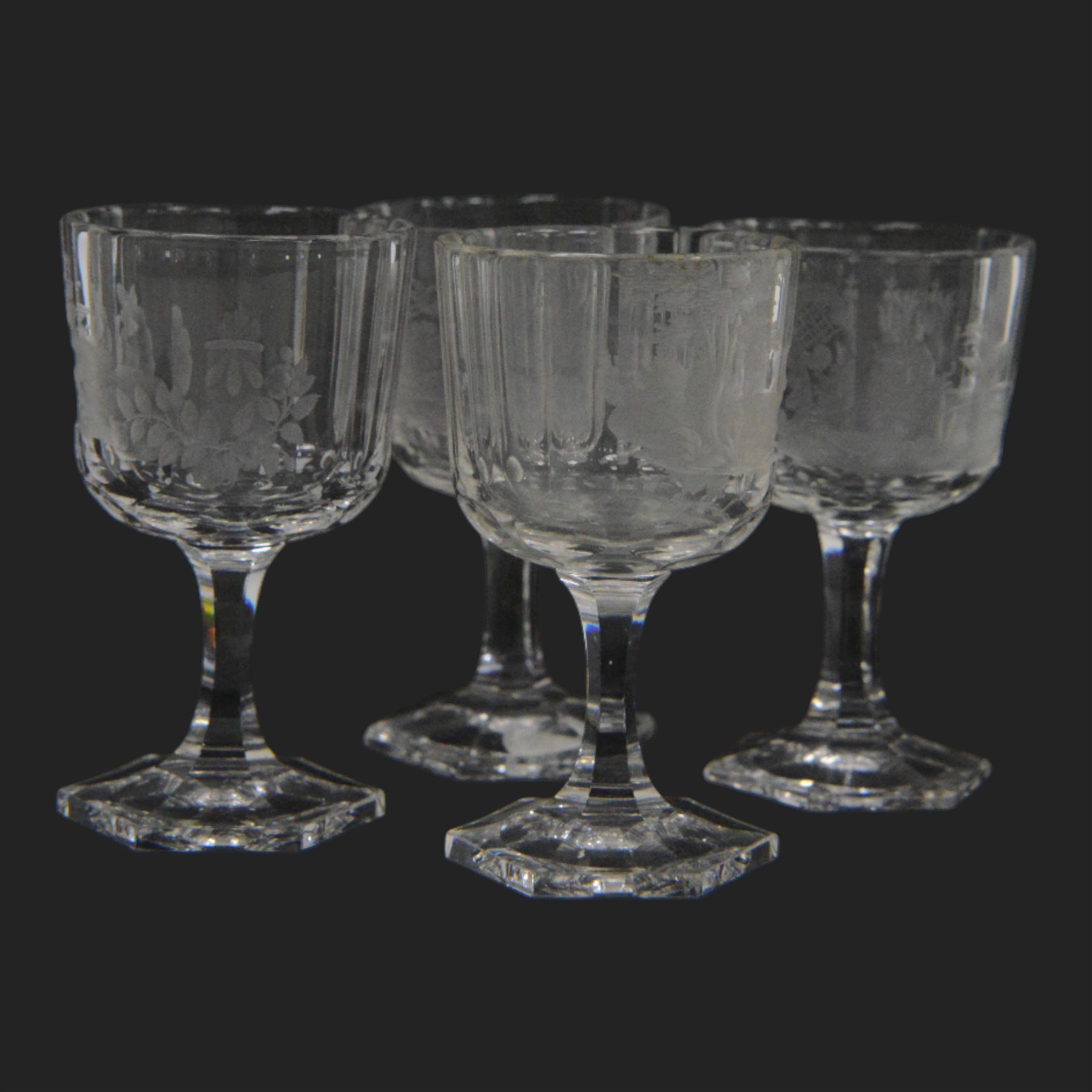 Set of four Galle, Nancy, intaglio engraved liqueur glasses, Gallé, Nancy, circa 1880, each with faceted bucket bowl engraved with animals within landscape settings, upon hexagonal stems and hexagonal feet, two examples engraved 'Galle Reinemer a Nancy', one engraved 'Galle a Nancy', and one unsigned, H7cm