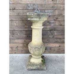 Victorian design cast stone sun dial, circular column with lead NESW plate