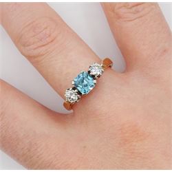18ct gold three stone blue zircon and round brilliant cut diamond ring, hallmarked, total diamond weight approx 0.40 carat