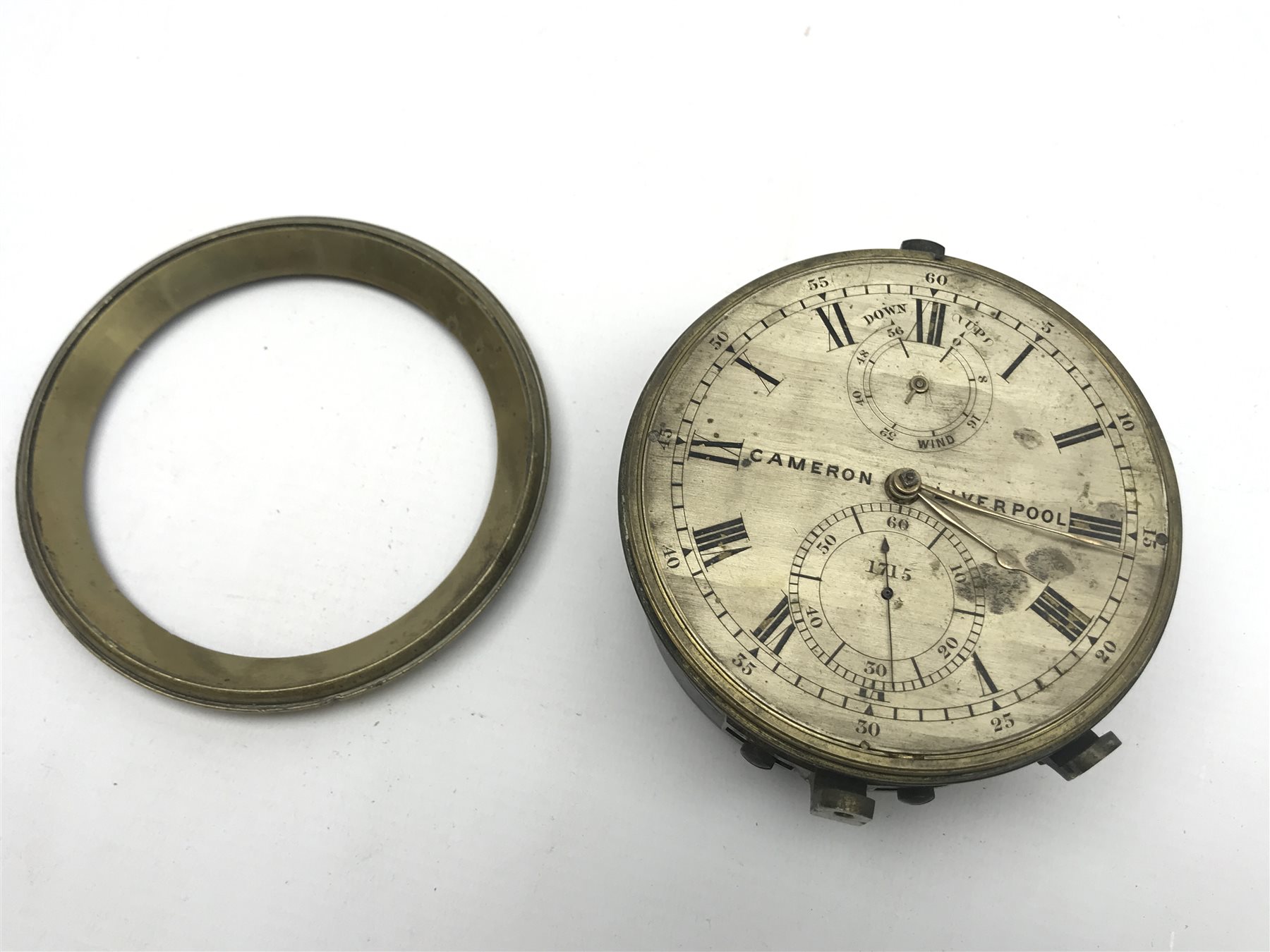 Mid 19th century marine chronometer by 'Cameron, Liverpool', silvered Roman dial, serial no. '1715', four pillar chain fusee movement with detent escapement, engine turned movement plates, dial diameter - 10cm, total diameter - 12.5cm