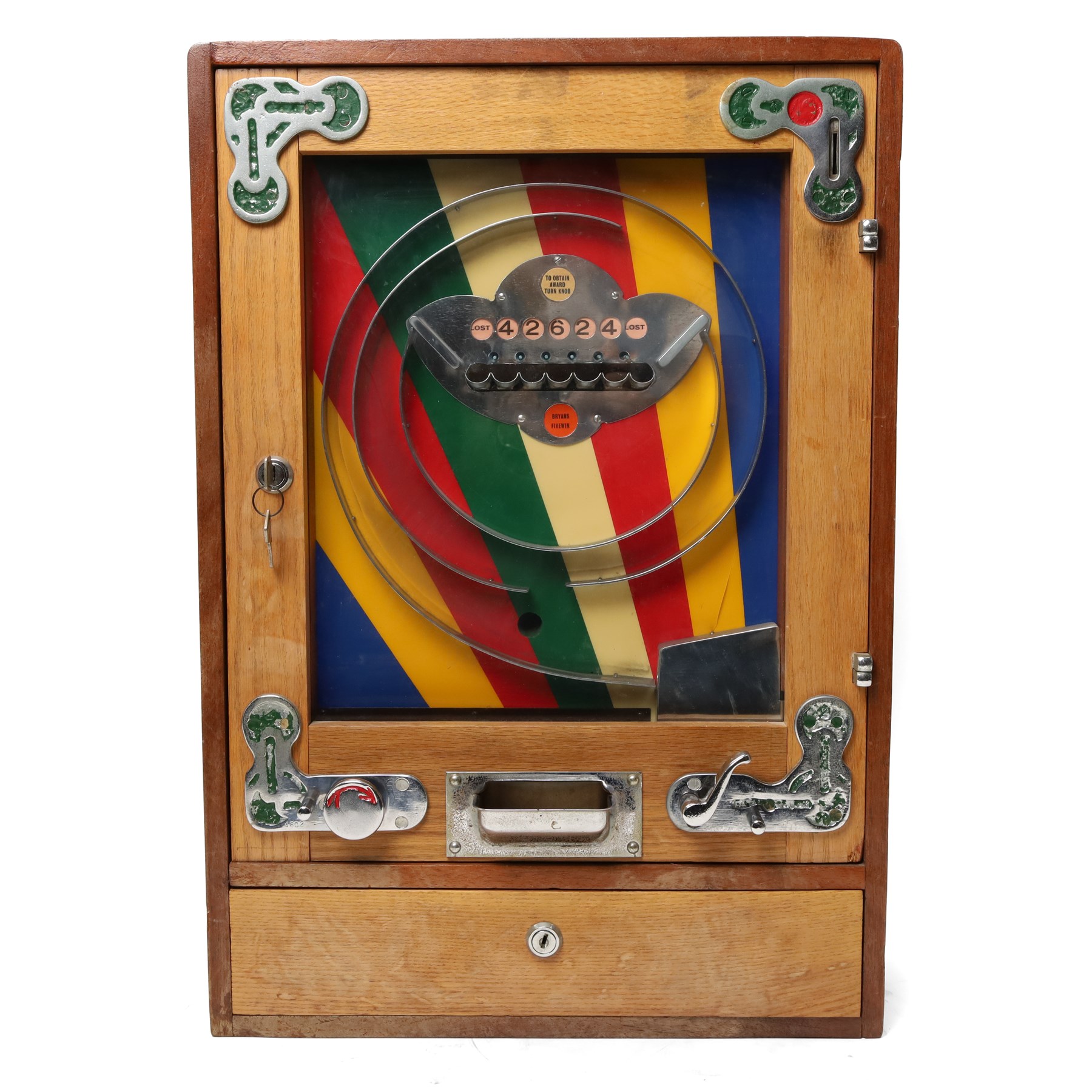 Bryans Elevenses penny slot arcade machine with wooden case and chrome fittings, working, H64cm W45cm
