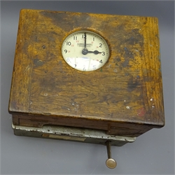  Gledhill-Brook factory Time Record Clock, No.13674, white dial with 12 & 24hr markers, in oak case with convex glass aperture, W31cm, H21cm, D25cm  