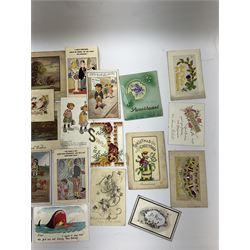Collection of mid-century comic postcards, to include examples by Mabel Lucie Attwell, Vera Paterson, Bamforth's and Celesque, together with 19th century and later postcards and greeting cards to include silk examples, and a quantity of Victorian The Ladies Gazette of Fashion hand coloured fashion plates