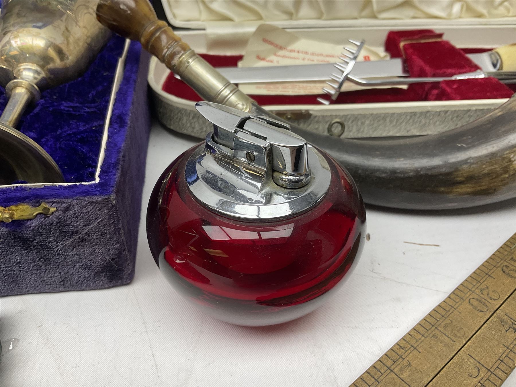 Hunting horn, with silver plated mounts, Ronson red glass table lighter, silver plated bowl, goblets and liquer glasses and other collectables