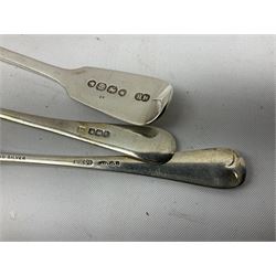 Two small silver page markers in the form of trowels, both hallmarked, together with a small silver and enamel dish, decorated with central panel of flowers, with London import mark, and a small group of flatware, to include Victorian salt spoon, approximate gross weight 111.6 grams