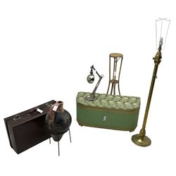 Amphora-shaped vase on metal stand; vintage suitcase; adjustable table or desk lamp; Lloyd Loom design D-shaped blanket box (W93cm, H39cm, D39cm); a brass standard lamp; and a bamboo plant stand (6)
