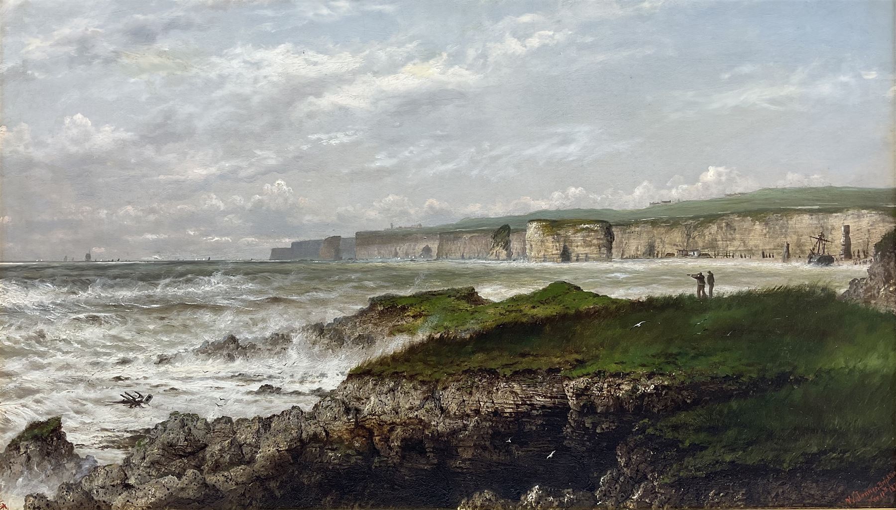Isaac Walter Jenner (British 1836-1902): Bempton Cliffs and Flamborough Head, oil on canvas signed and dated 'Brighton Nov. 11th 1875', 39cm x 68cm