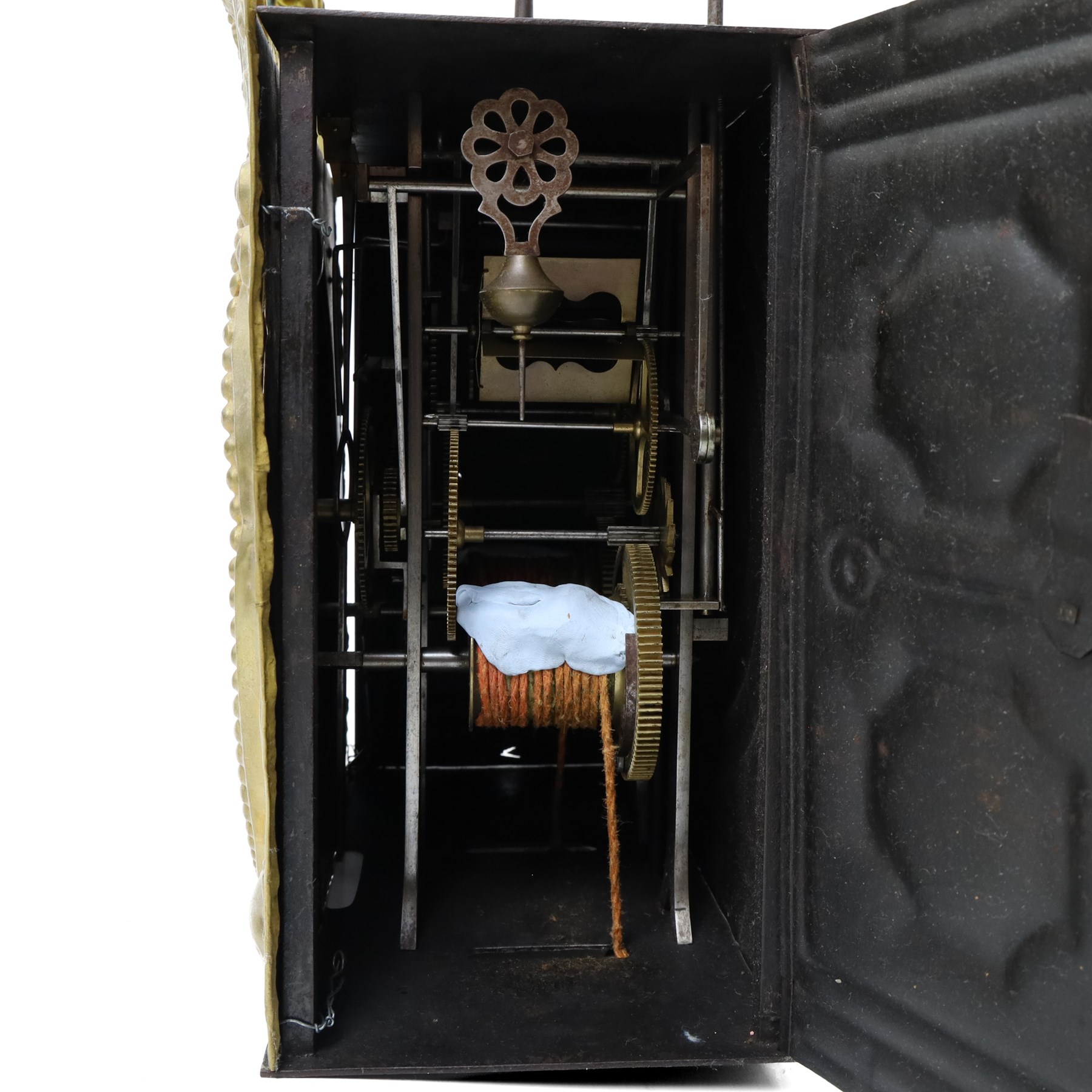 19th century French longcase clock movement, the white dial inscribed Dumont, a L'Isle sur les Doubs, gilt metal surround with bell strike and weights 45cm x 28cm