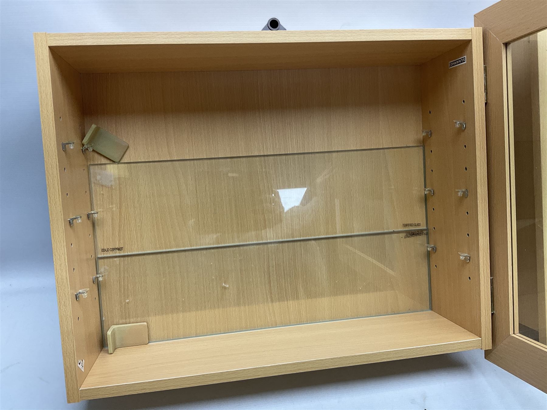 Set of four Livarno wall mounting model display cabinets, each with simulated beech finish and side hinged glazed door enclosing adjustable plate glass shelves W62.5cm H50cm D17cm (4)