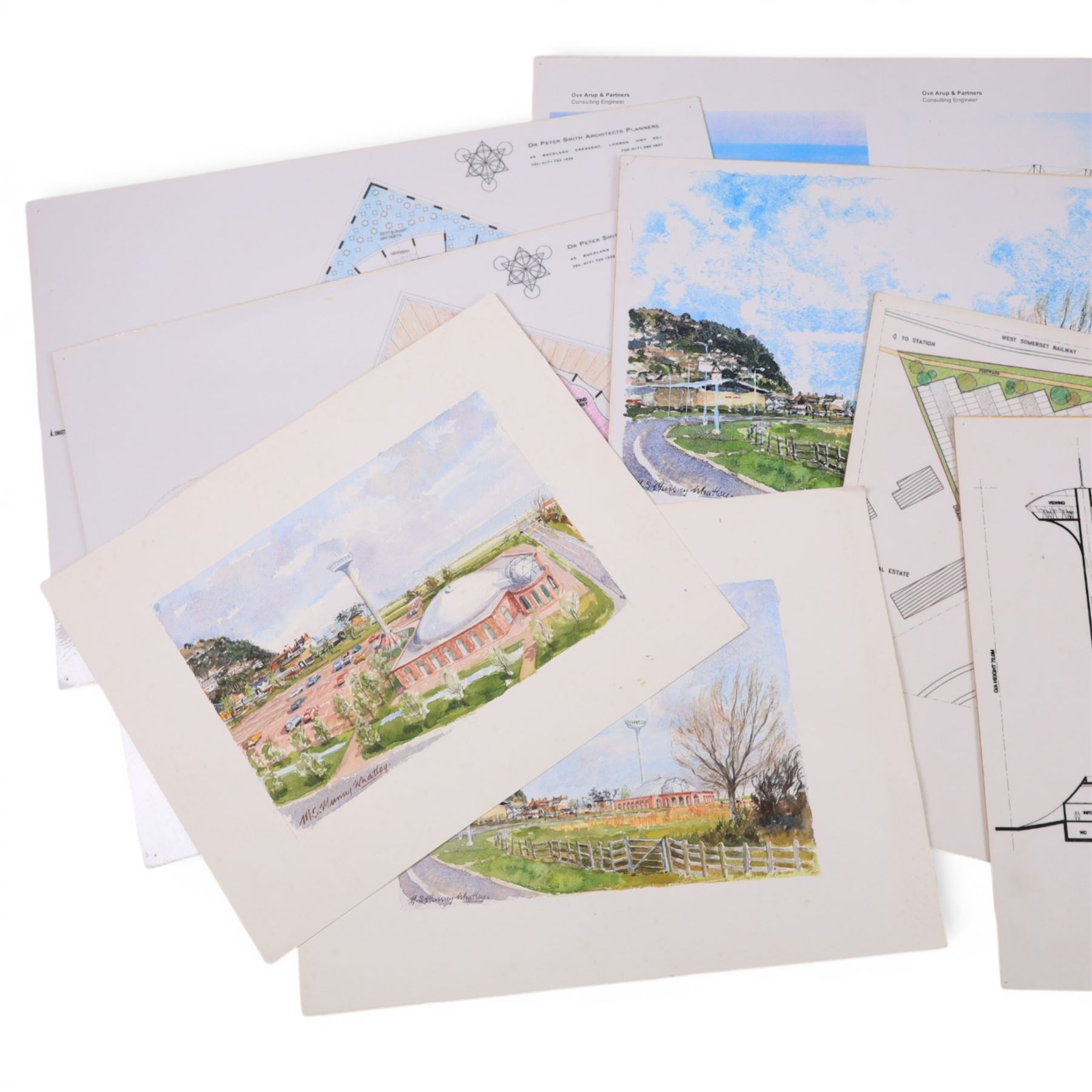 Collection of ephemera and original watercolour paintings relating to the creation of 'Space Odyssey: The Arthur C Clarke Space Centre, Minehead', including two original watercolour concept paintings of the exterior views of the centre painted by Margaret Stella Murray Whatley and architectural drawings by DR Peter Smith Architects & Planners

Notes: The centre was proposed in 2000 but was never built.This item is from the private collection of Arthur C. Clarke's brother.
