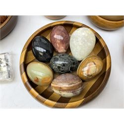 Quantity of cigarette cards to include three frames, and quantity of marble and agate eggs, turned wood bowls etc