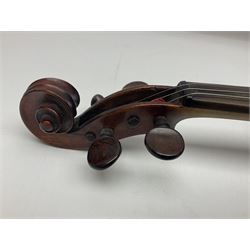 German violin c1890 with 36cm two-piece maple back and ribs and spruce top; bears label 'Antonius Stradivarius Cremona Faciebat Anno 1729' L59.5cm overall; in ebonised wooden 'coffin' case; and two German violins c1890 for completion - one bearing a Stradivarius label, the other a Ruggeri label; both in carrying cases (3)