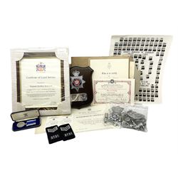 Archive of memorabilia and ephemera relating to Pc. (later Sgt.) Geoffrey Robinson of Dewsbury (later West Yorkshire) police force including cased Long Service and Good Conduct Medal; helmet plates and cap badges, collar numbers and uniform buttons, whistles, certificates, photographs, plaque etc 1960s - 1990s