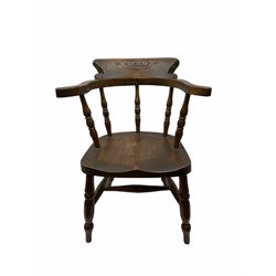 Child's fruitwood and elm smoker's bow style armchair, the top rail carved with the name 'Jean' H59cm together with a mid-20th century teddy bear with swivelling head and jointed limbs (2)