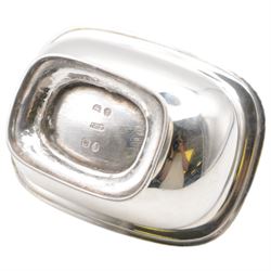 Pair of George III silver open salts, of rectangular form with gadrooned rim and upon a rectangular base, hallmarked J E Terrey & Co, London 1818, with blue glass liners, H4.5cm