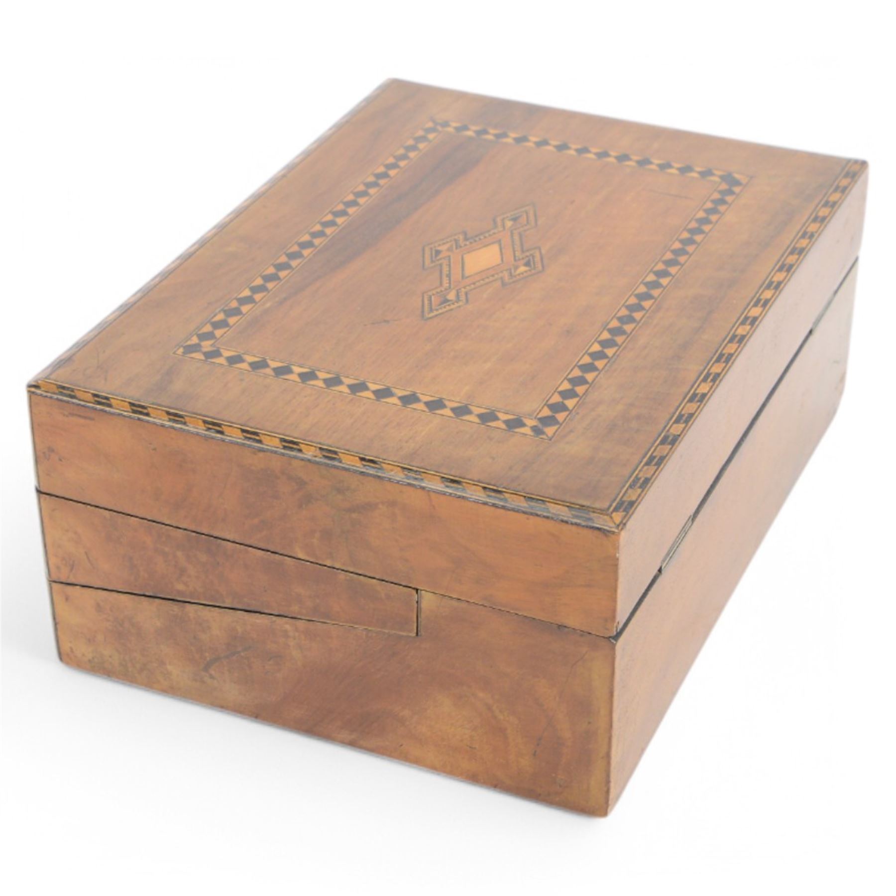 Victorian writing slope, with Turnbridge-ware styled Inlaid borders to the front and lid, opening to reveal and ebonised interior with letter rack, removable tray and writing slope and two further wooden boxes