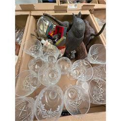 Collection of cut glass and crystal, including Dartington Crystal, glasses, decanters, vases, jug, carved wooden mask, Royal Worcester Evesham dishes, pewter tankard, Langham Glass cat, etc, in seven boxes