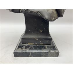 Bronze bust modelled as Napoleon, head and shoulders, wearing his hat and with open collar, on a tapering square section base, marked to the reverse 'Lecomte '82', H36cm