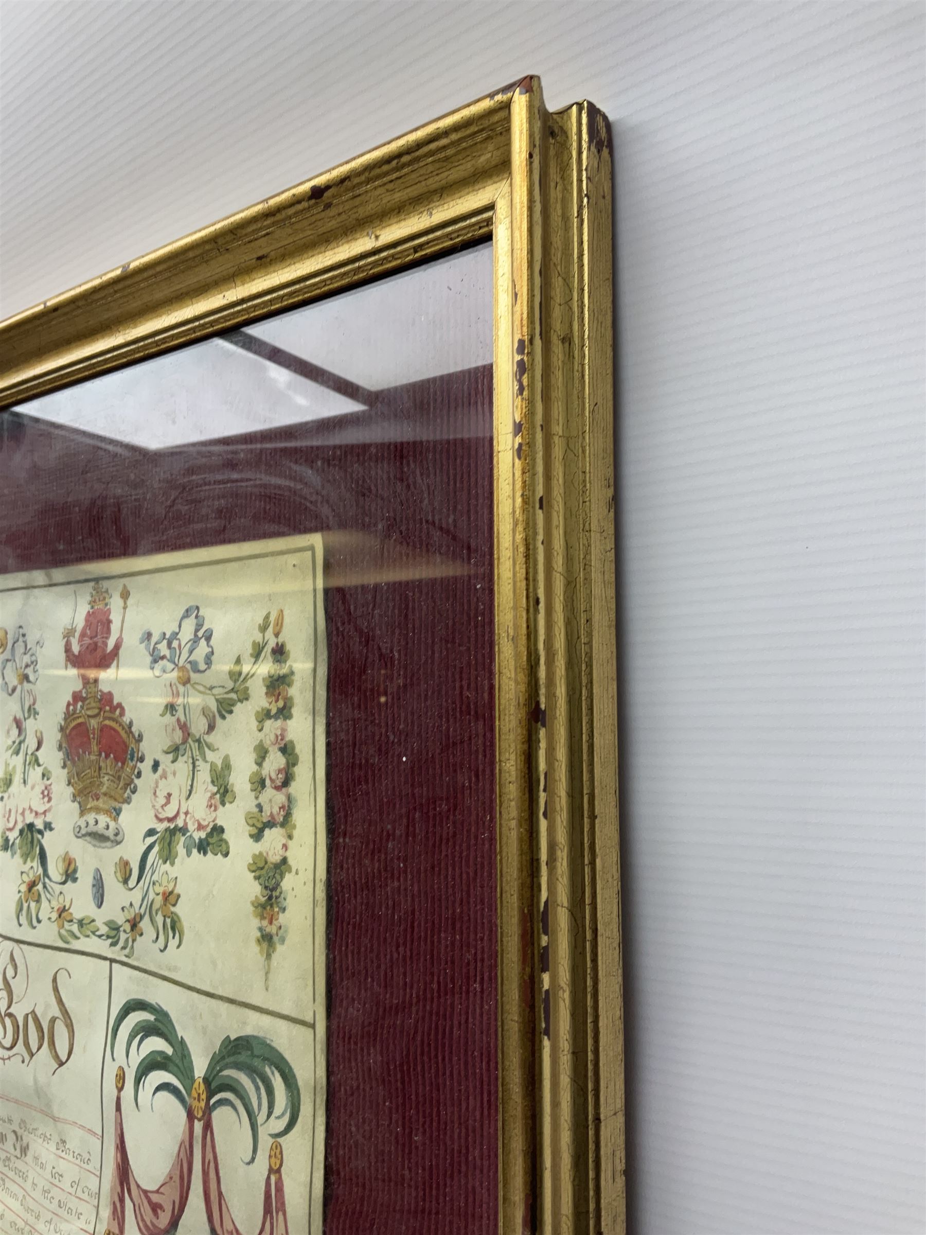 Large 18th century framed and glazed Indenture for King George III to George Rivers, Lord Rivers of Straths Saye, including frame H92.5cm L107.5cm
