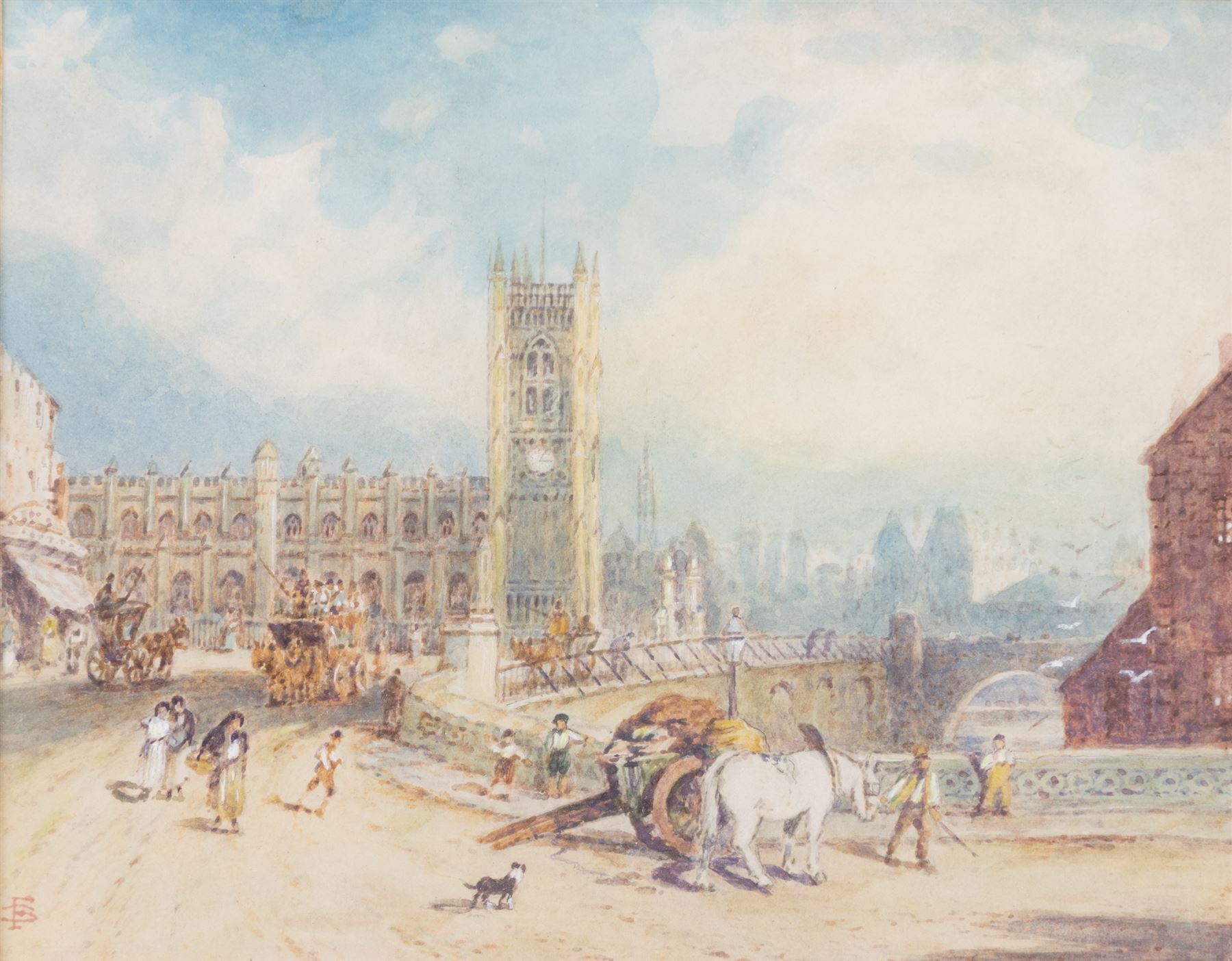 Circle of Myles Birket Foster RWS (British 1825-1899): 'Victoria Street Manchester', watercolour bearing monogram 13cm x 17cm
Notes: an almost identical picture appears on page 70 of H M Cundall's book about the work of Birket Foster, however there is a difference in the size 