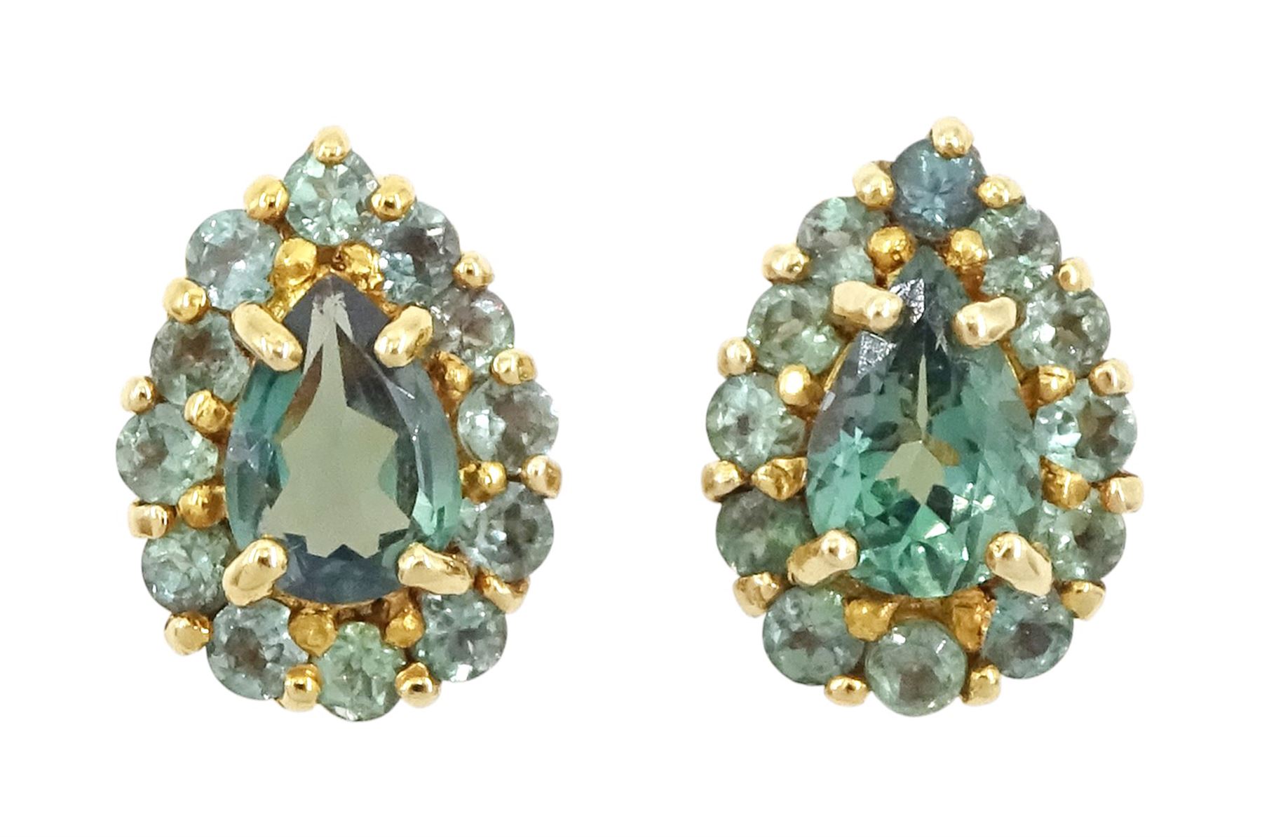 Pair of 18ct gold green alexandrite cluster earrings, each stud set with a pear cut and twelve round round cut alexandrite's, Birmingham 2006, total alexandrite weight approx 1.20 carat