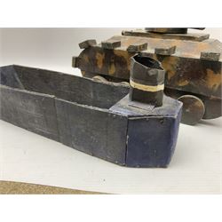 1940s French wooden eight wheel model FFI free tank, painted in brown camouflage, together with a 1940s wooden scratch built model of a landing craft, tank H18cm, W31cm