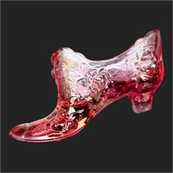 Jack in the Pulpit vase, with a Vaseline rim, together with a collection of cranberry glass, including enameled jars 