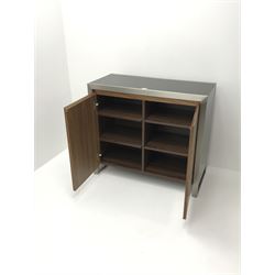 Dwell Furniture Nova walnut and black gloss cabinet, two doors enclosing four adjustable shelves cabinet, brushed steel frame supports
