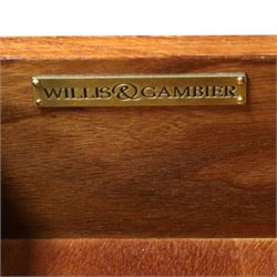Willis & Gambier - mahogany dressing table, three part mirror and stool, the dressing table with rectangular top with chamfered corners, over two baize lined frieze drawers, kneehole recess and a single drawer either side, three part mirror with central tilting mirror on a moulded plinth base, with oval beige padded stool 