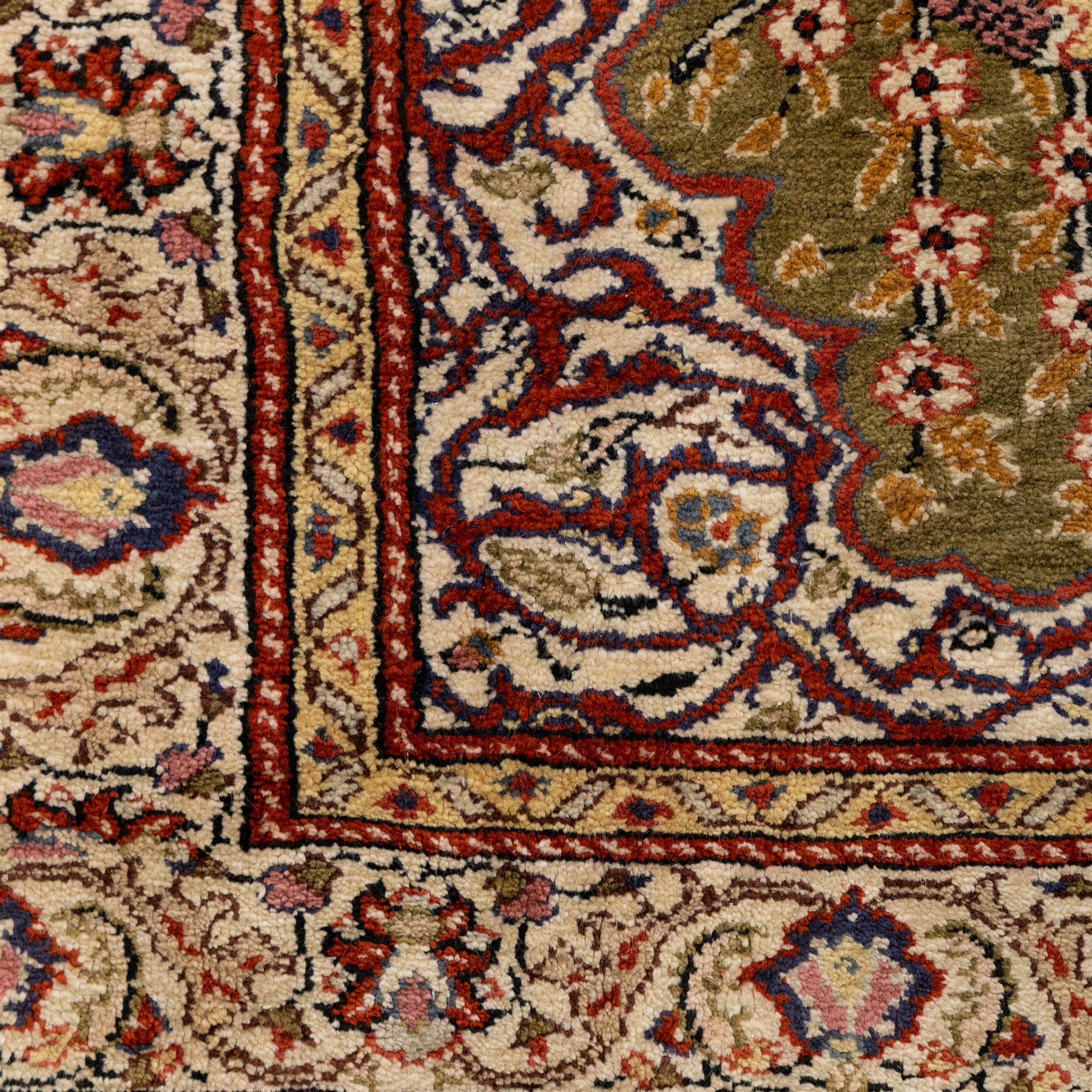 Afghan Ziegler rug, terracotta field with an all-over design of palmettes and stylized foliage in soft beige and gold tones, with a Persian Qum silk prayer rug, with a central tree of life and flowering branches and birds, within multiple floral borders, 88x125cm (2)